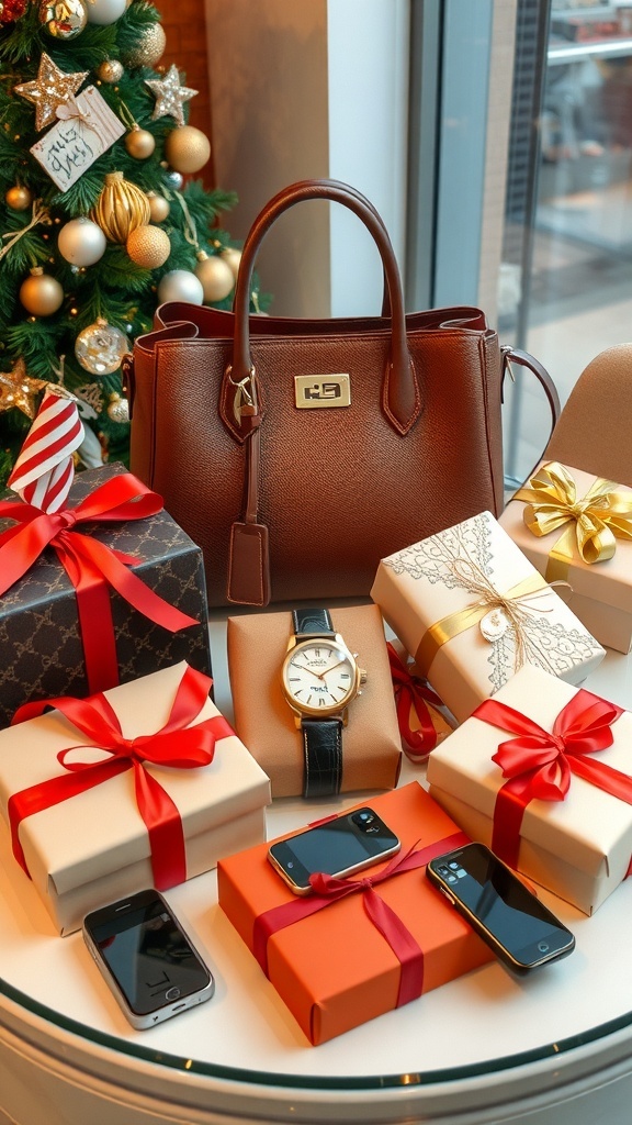 Luxury Christmas Gift Ideas Luxury Christmas gifts including a designer handbag, luxury watch, and high-end electronics on a festive table.